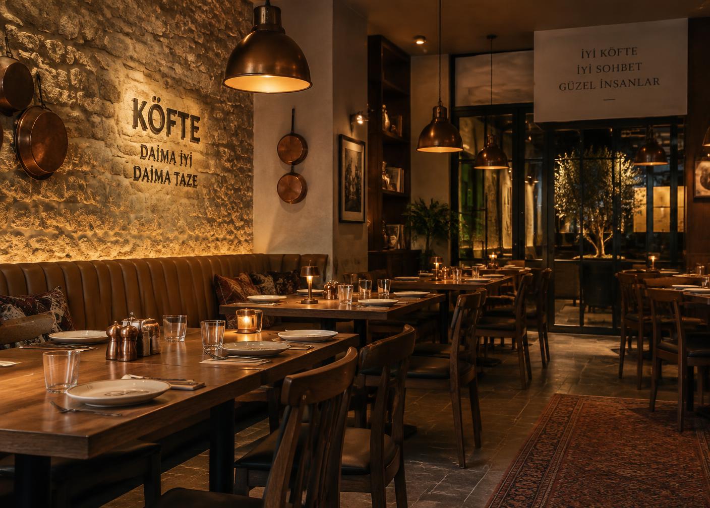 Köfteci Ali restoranının sıcak ve ahşap dokulu iç mekânı – Göynük Kemer